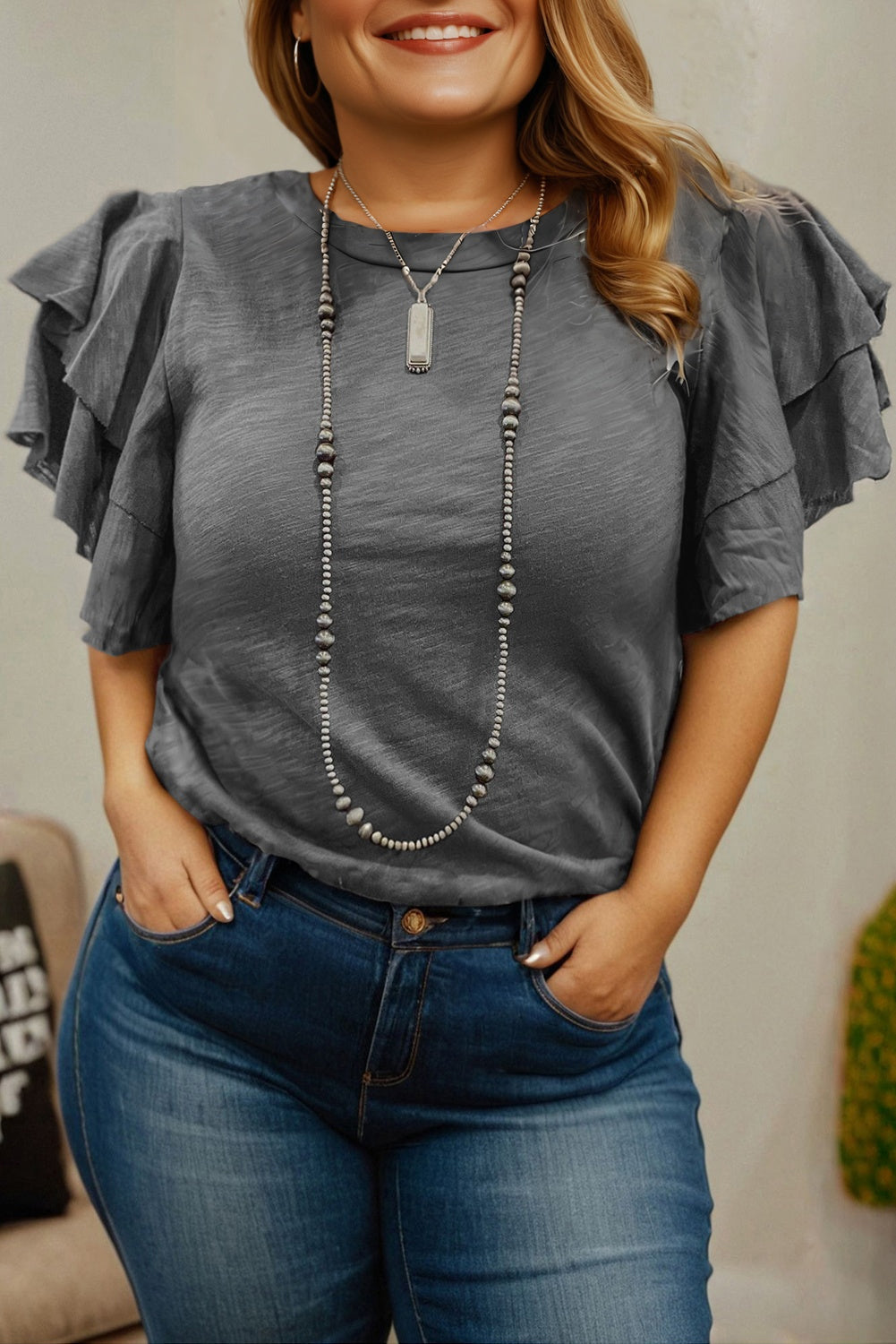 Dark Grey Double Ruffled Short Sleeve Plus Size Top