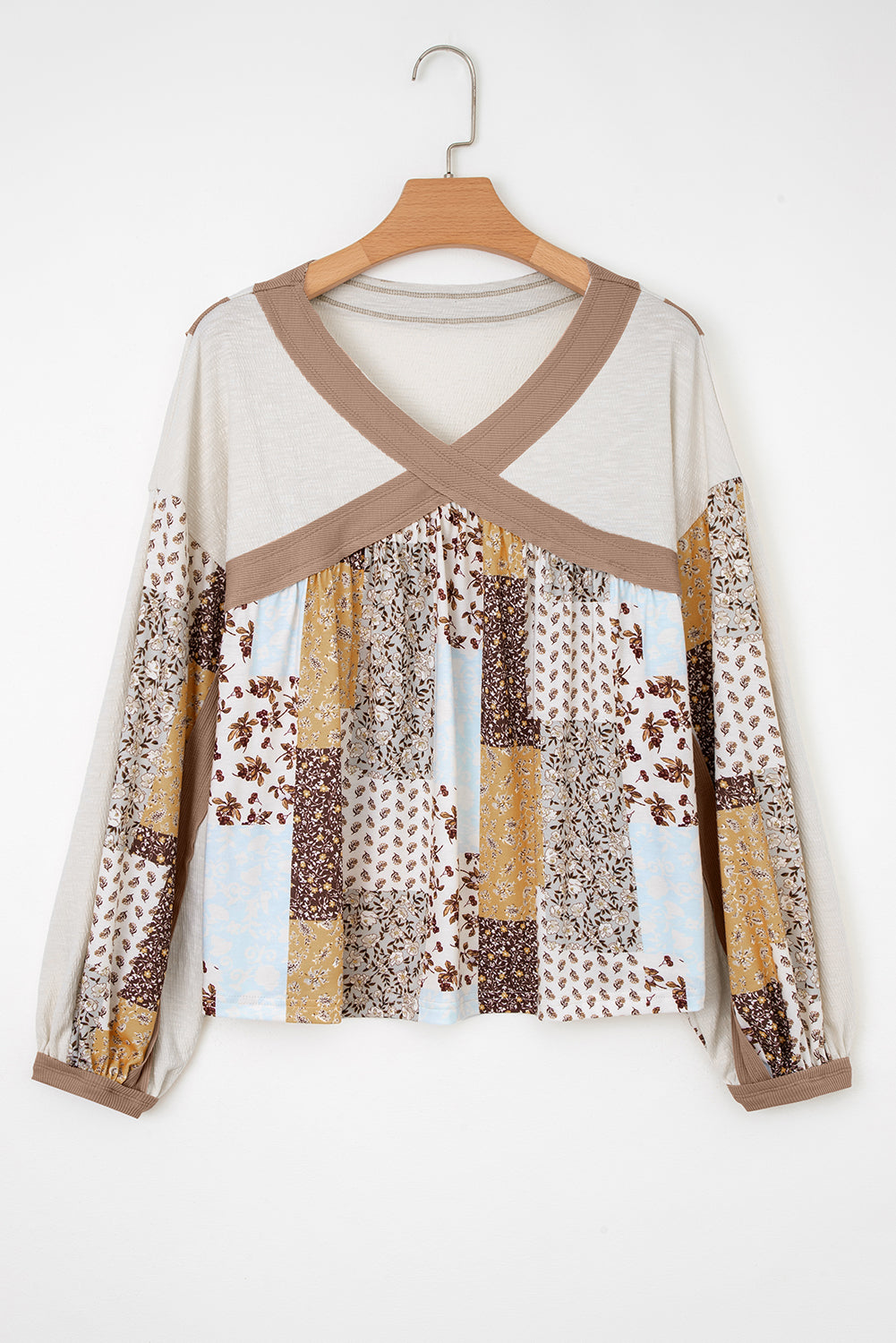 White Floral Printed Contrast Patchwork Long Sleeve Top